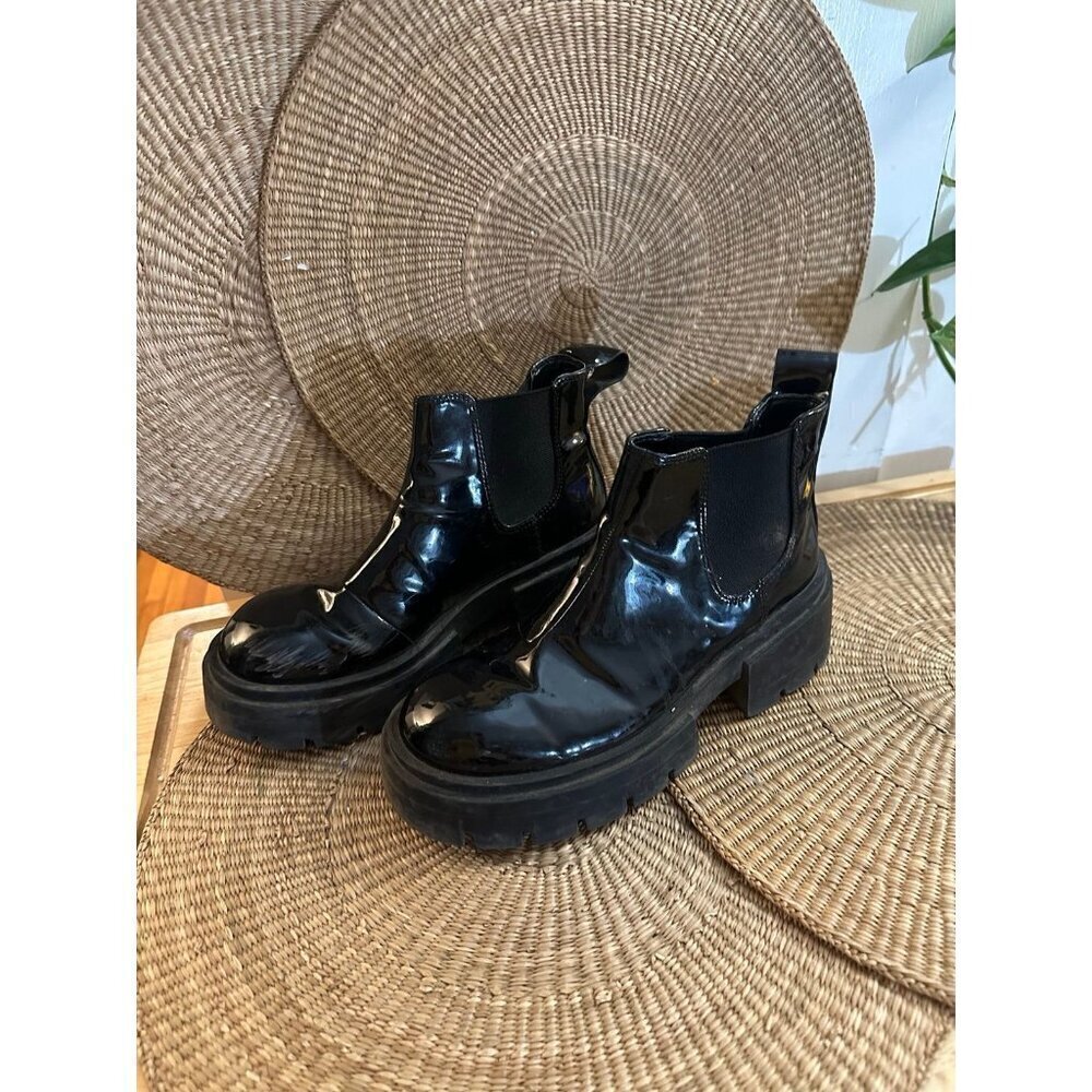 H&M Black Patent Chunky Platform Chelsea Boots - Size 38